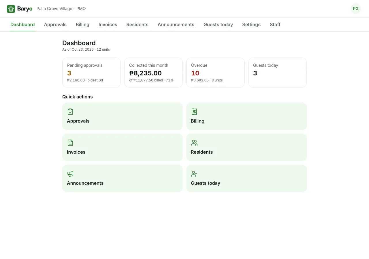 Baryo PMO dashboard on desktop